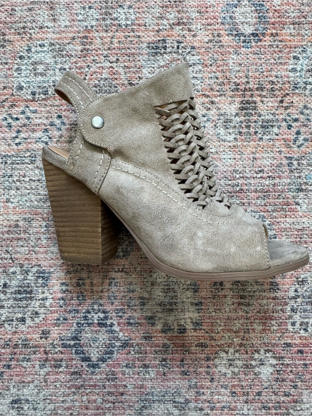 Women’s Suede Peep-Toe Block Heel Sandal in Taupe